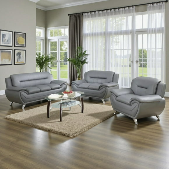 Cosmic Homes Gilan 3-Piece Faux Leather Living Room Furniture Set – Sofa, Loveseat & Chair – Modern Grey Upholstery