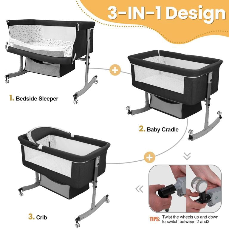 Dapmiu 4-in-1 Convertible Baby Crib, Bedside Sleeper with Changing Table, 6-Level Height Adjustable, Rocking Crib, Silent Wheels, Storage Basket, Mosquito Net, for Newborn to 24 Months,pink