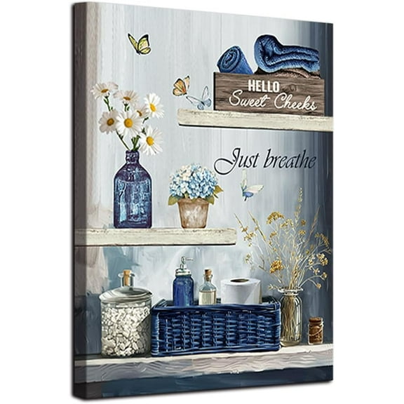 Bathroom Wall Art Canvas Prints Navy Blue Bathroom Picture Wall Decor Rustic Farmhouse Artwork Stretched and Framed 12x16inch