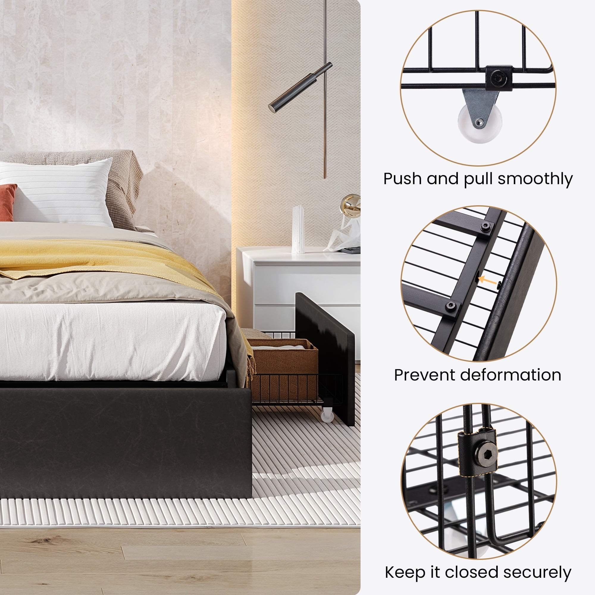 SHA CERLIN Black Queen Size Platform Faux Leather Bed Frame with 3 Storage Drawers,Adult