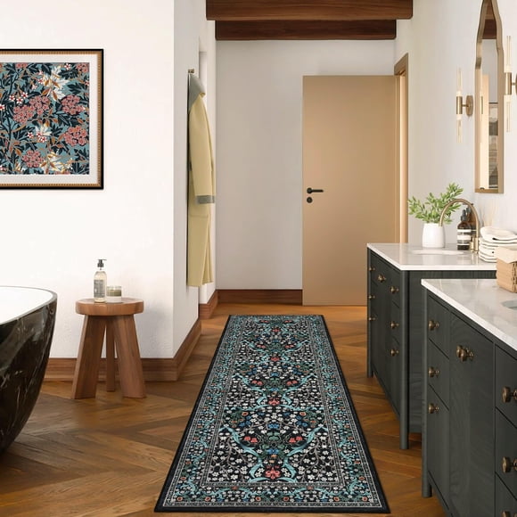2x6 Kitchen Runner Washable Non Slip Laundry Mat for Bathroom Soft Floral Print Botanical Carpet Low Pile Indoor Modern Hallway Runner Rug for Home Office, Black