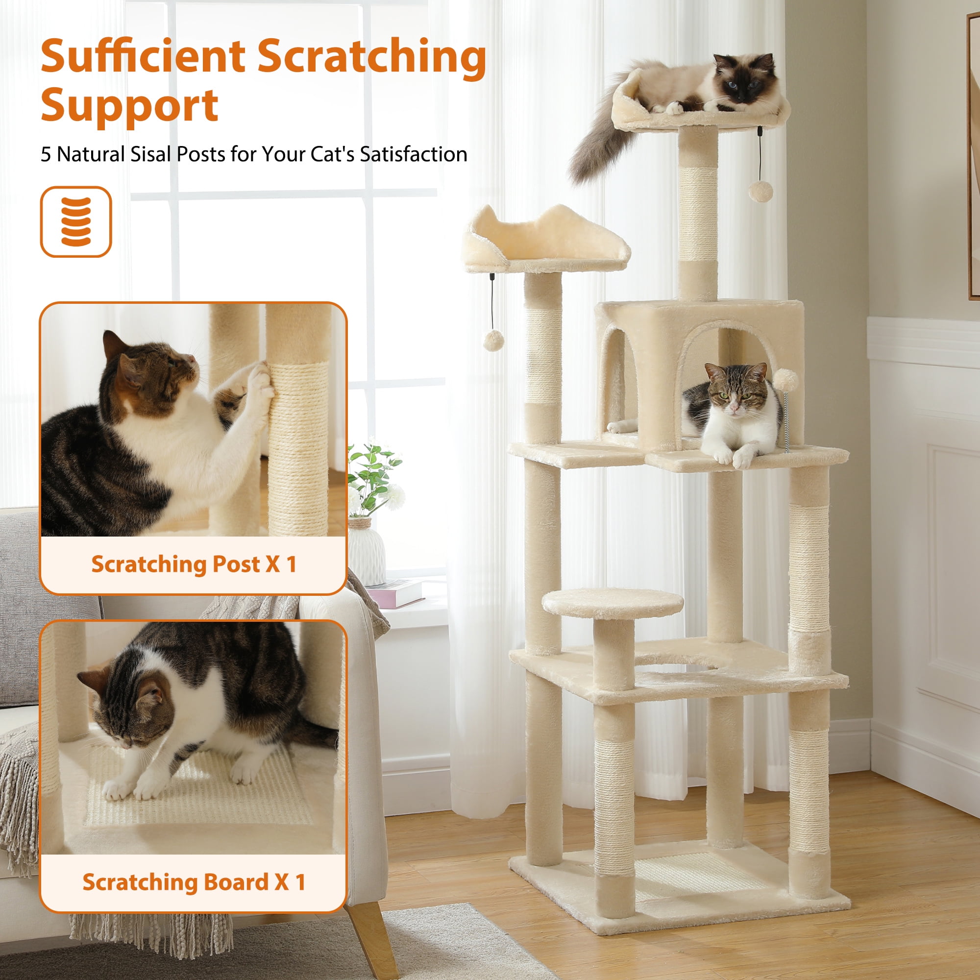 resenkos 63" Cat Tree Tower for Indoor Cats, 4 Levels Platform Cat Condo for Large Cats with Fully Scratching Posts, Beige