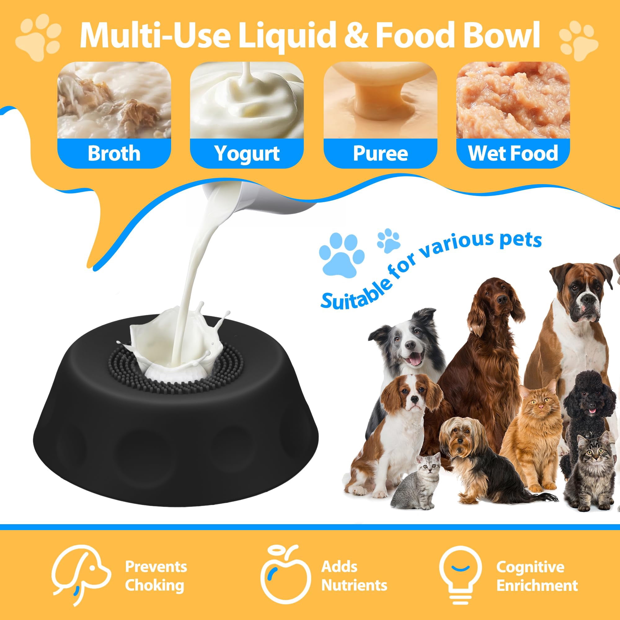 Slow Feeder Dog Licking Bowl with Rolling Ball, Interactie Lick Mat for Dogs and Cats, Slip Pet Bowl for Yogurt Bone Broth Liquid Treats, Mental Stimulation Toy for Large Medium Small Pets, Black