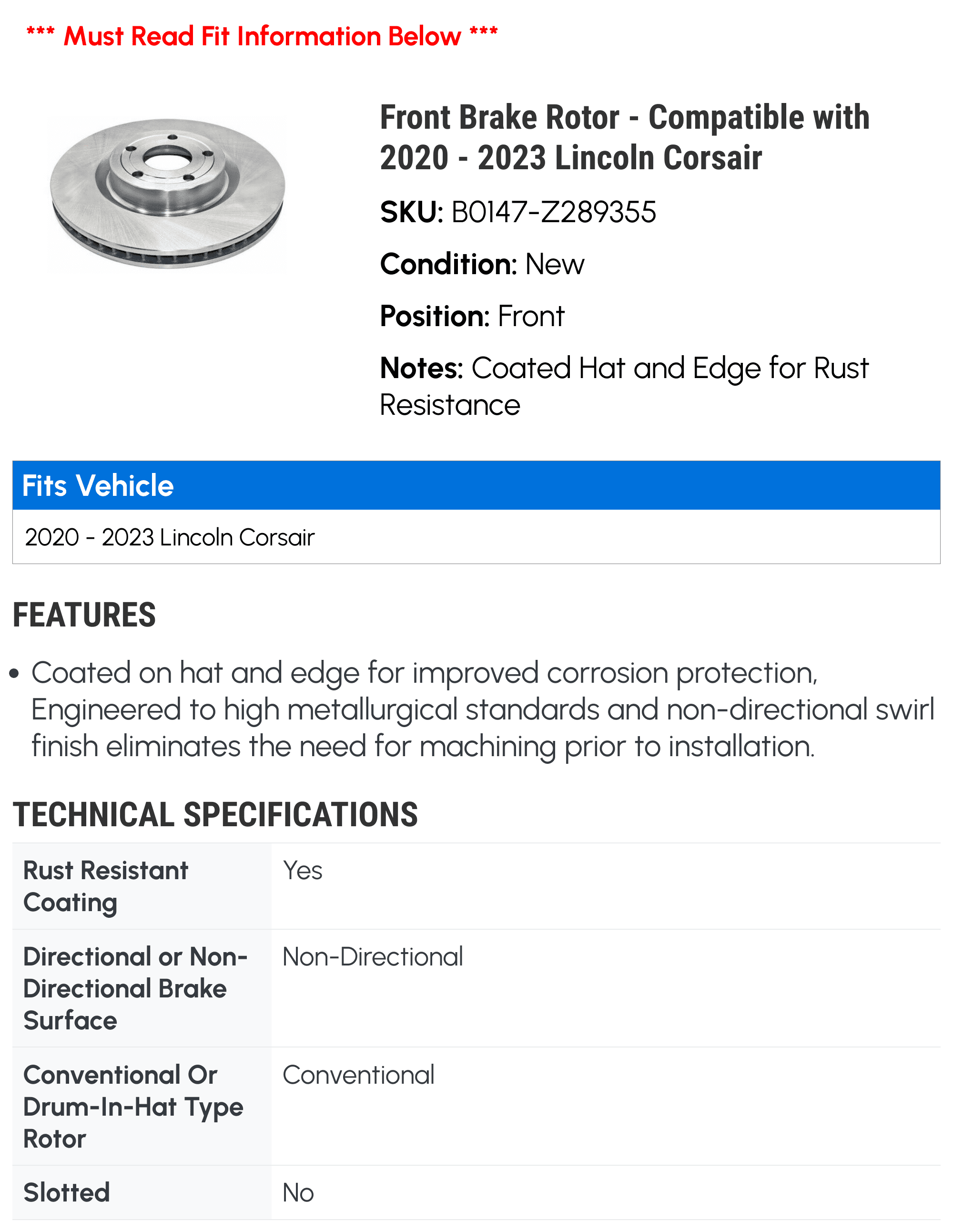 Front Brake Rotor - Compatible with 2020 - 2023 Lincoln Corsair 2021 2022