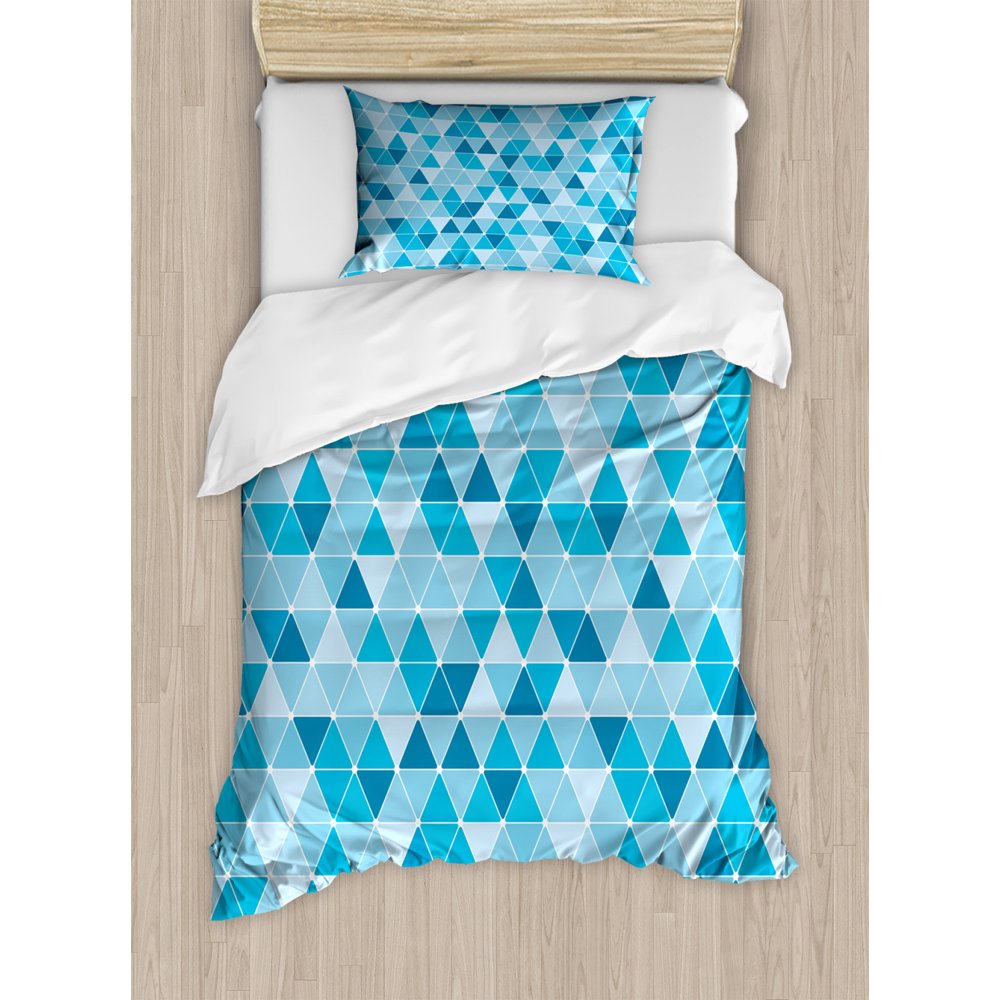 Blue Duvet Cover Set, Geometric Pattern with Triangles in Oceanic