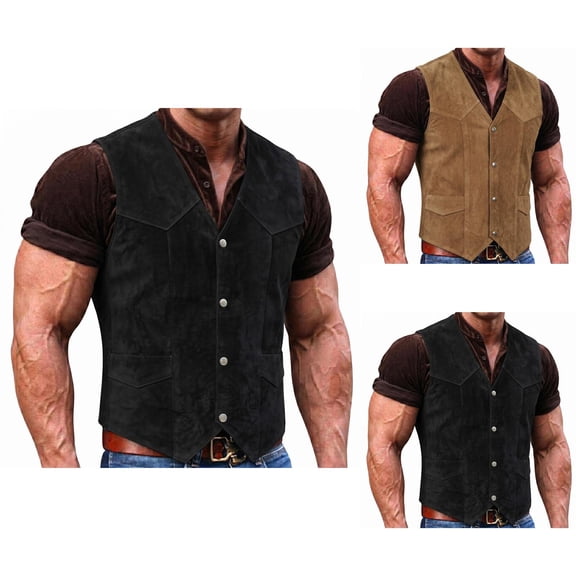 Vintage Western Cowboy Suit Vest for Men Sleeveless Casual V Neck Button Down Waistcoat Jacket