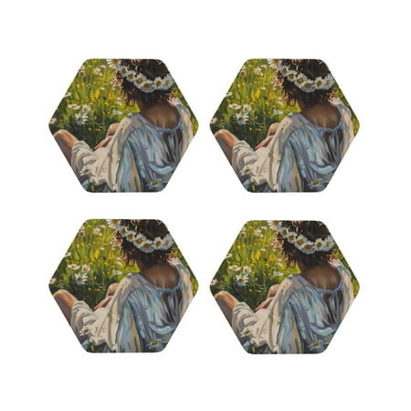 

Junzan Girl In Field Of Daisies Print Coasters for Drinks - Leather Coasters Set of 4 for Coffee Table for Housewarming/Kitchen/Bar/Decor-Hexagon