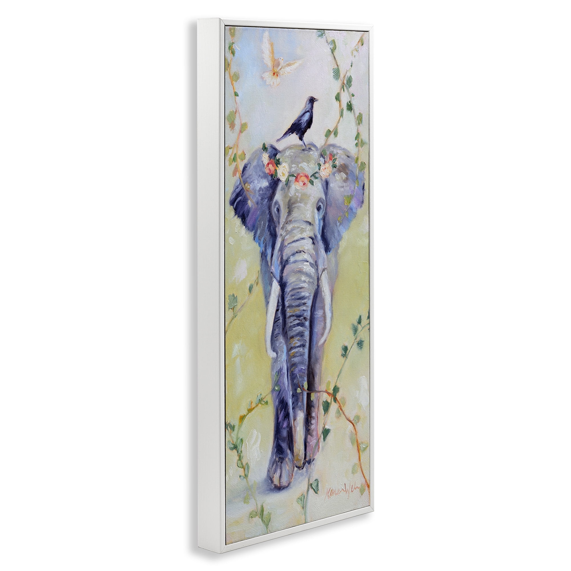 Stupell Industries Bohemian Elephant with Green Vines Animals & Insects Painting White Framed Art Print Wall Art, 13 x 30