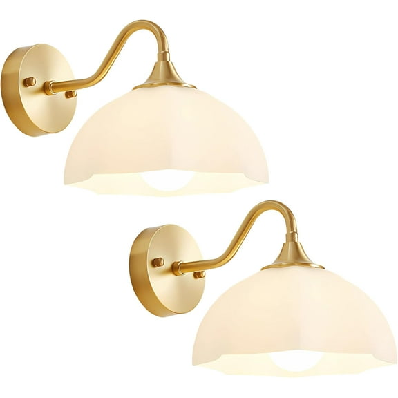 Gold Wall Sconce Set of 2 Mid Century Modern Wall Mount Light Hardwired Sconces Wall Lighting with Milky White Glass Shade Indoor Bedside Sconces Wall Lamp for Living Room Hallway MWL02-2A