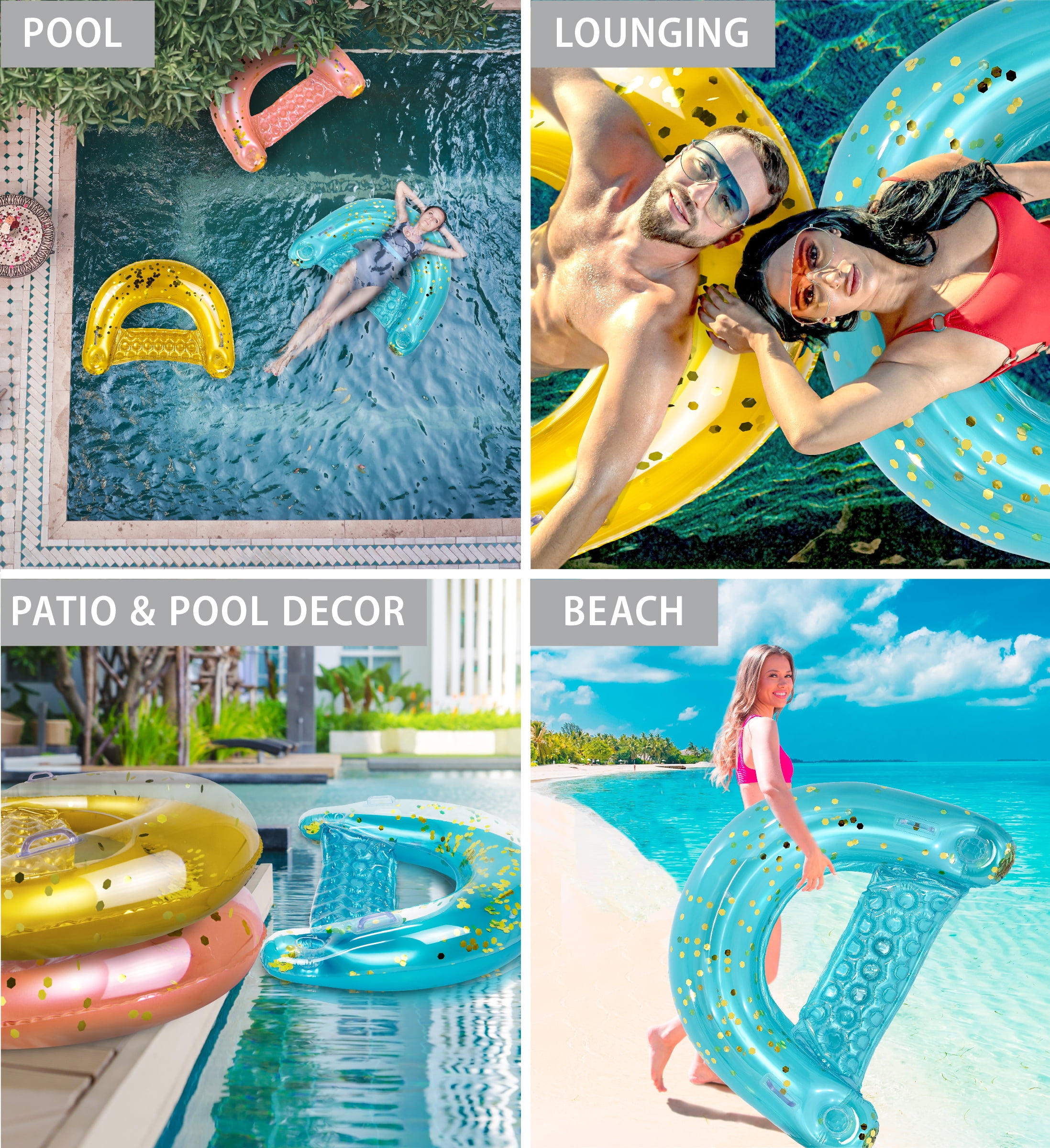 POZA Adult Inflatable Sparkle Confetti Chair Pool Float, 48"x38" with 2 Built in Cup Holders
