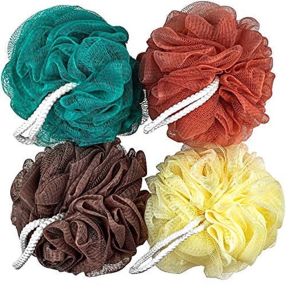DecorRack Loofah Shower Bath Sponge, 4 Pack, 60g Mesh Pouf, Random Color (4 Pack)