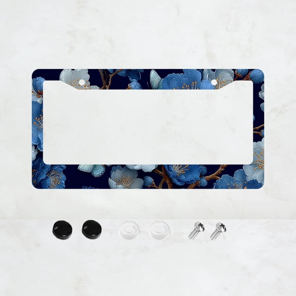1pc Blue Floral Pattern 2-Hole License Plate Frame, Aluminum Material, 6x12 Inches with Screw Kit, Retro Novelty Car Decoration Gift, Fits US Standard License Plate Size