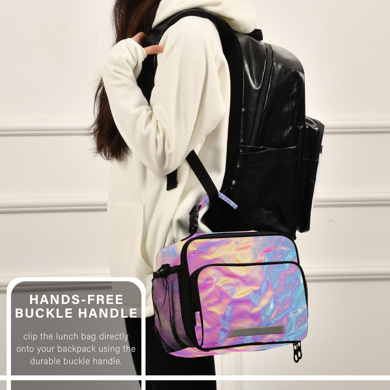 Colorful Hologram Waves Lunch Bag Cooler Bag Cooling Tote Portable Shoulder Strap Interior Pockets for Picnic Travel