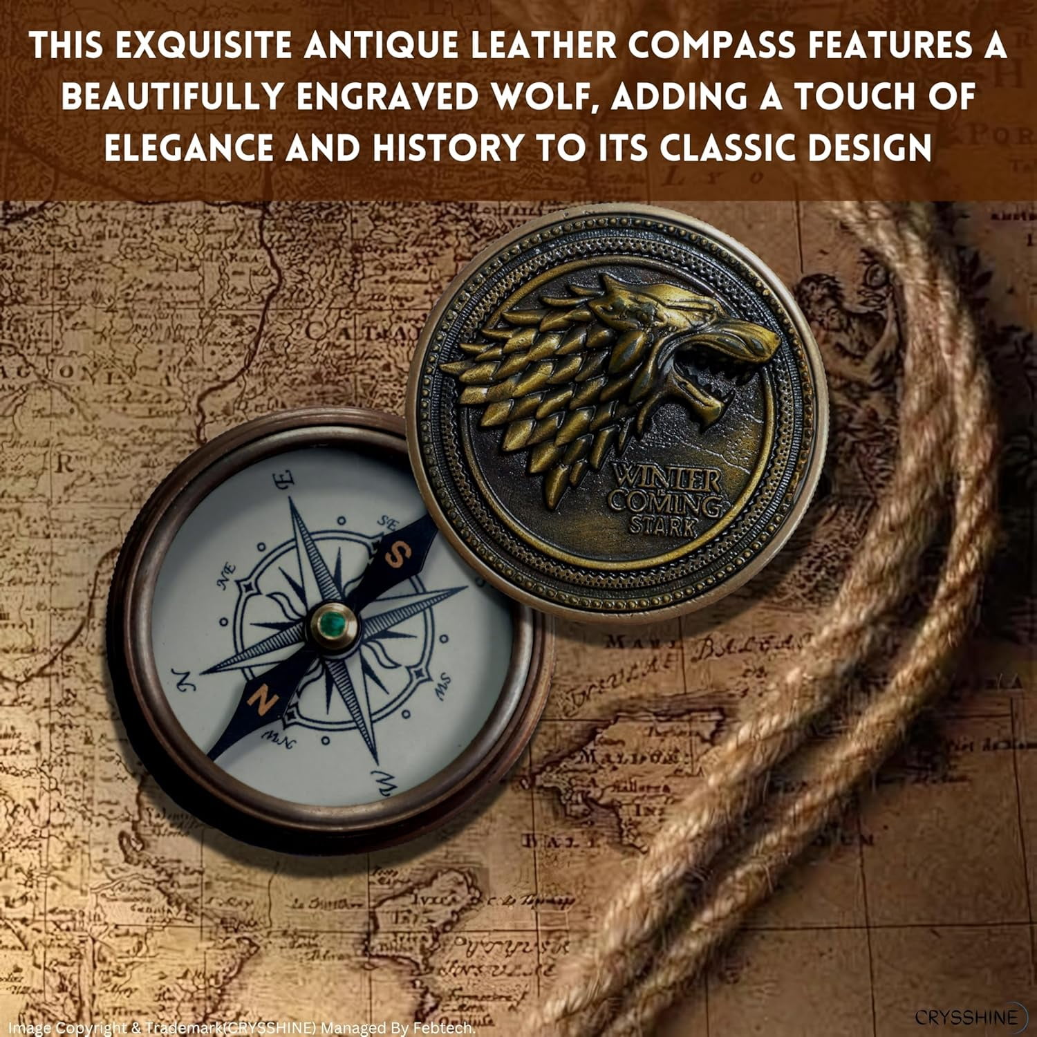 Navy Collection Antique Bronze Compass 2-Inch with Leather Case – Winter is Coming Direwolf Design – Functional Collectible for Outdoor Navigation & Fantasy