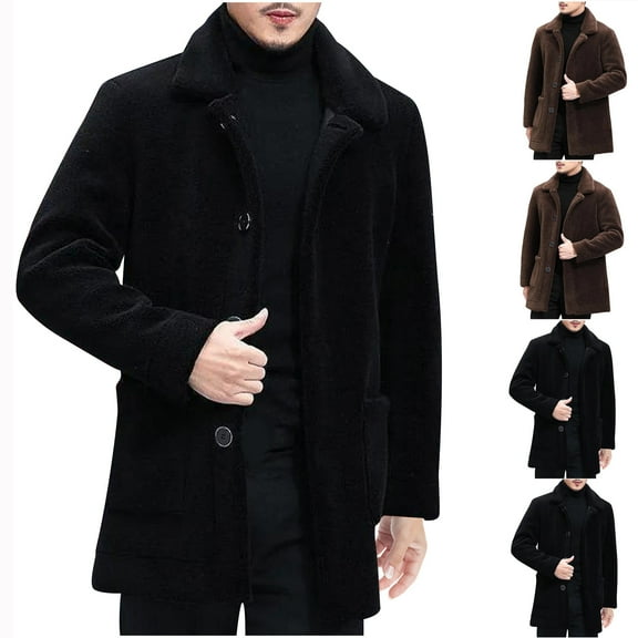 FRSASU Mens Fuzzy Sherpa Jacket Fluffy Fleece Open Front Cardigan Button Down Coat Winter Warm Thicken Lined Outwear Lapel Short Trench Coat for Men Coffee