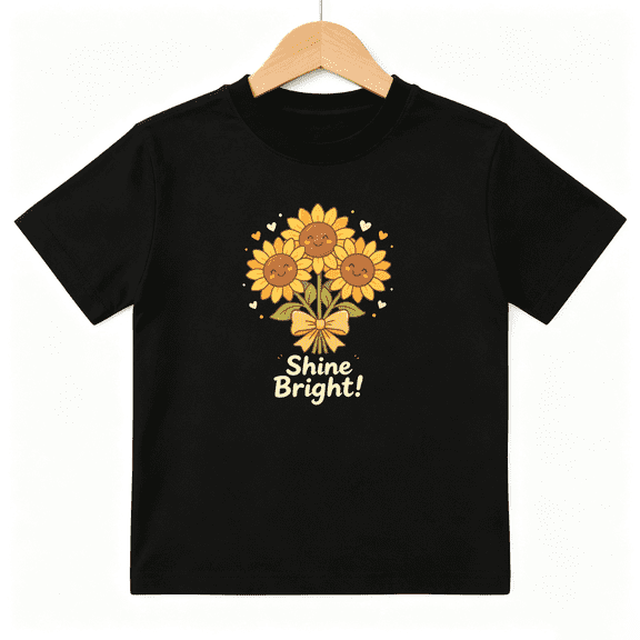 Shine Bright Sunflowers Girls Graphic Tee, Cute Retro Gift 100% Cotton Kids Short Sleeve T-Shirt 4-13Y