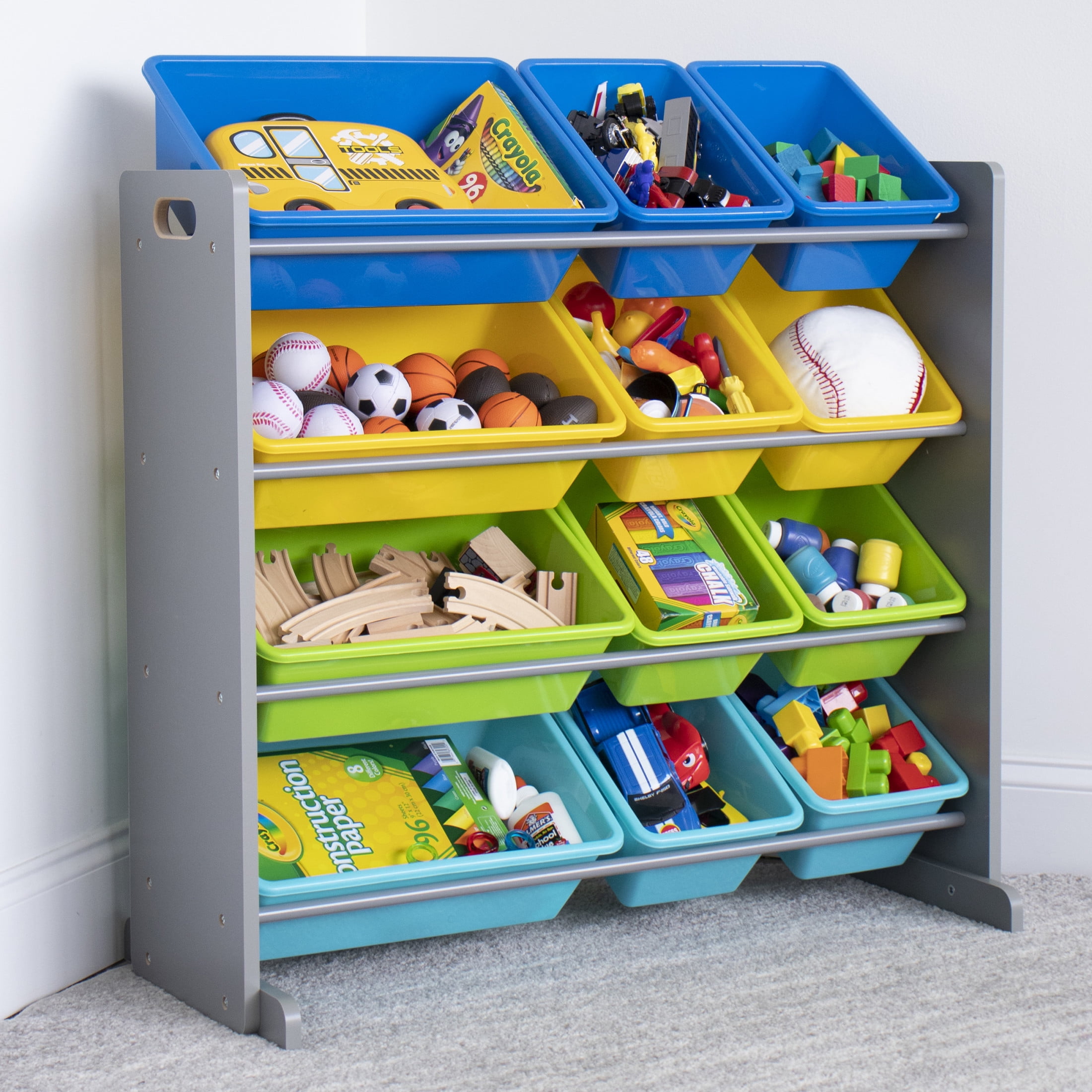 Humble Crew Kids Toy Storage Organizer with 12 Plastic Storage Bins, Grey/Blue/Green/Yellow