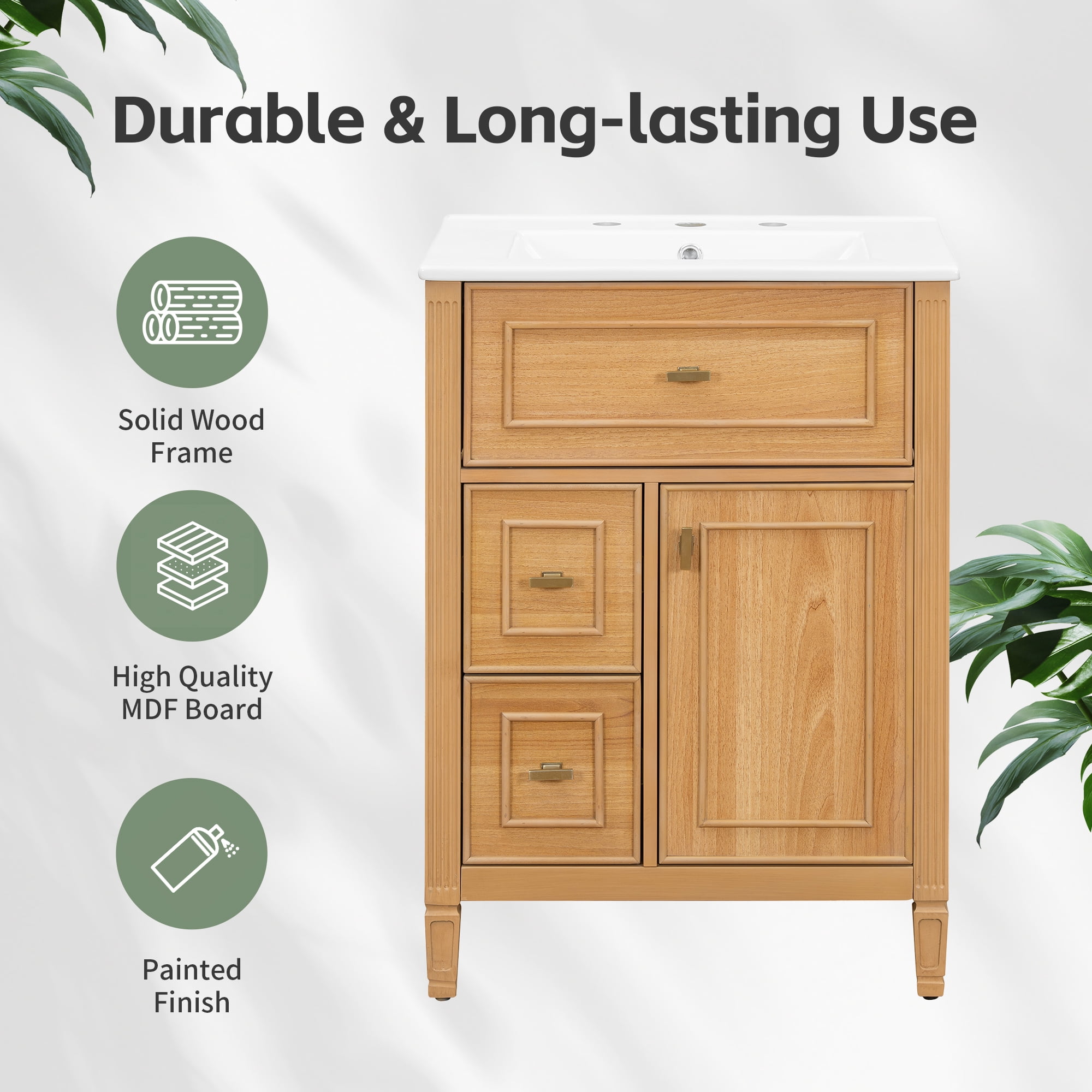 Aukfa 24" Bathroom Vanity with Sink,Modern Bathroom Sink Cabinet for Small Spaces,Ceramic Top & Flip Drawer,Oak