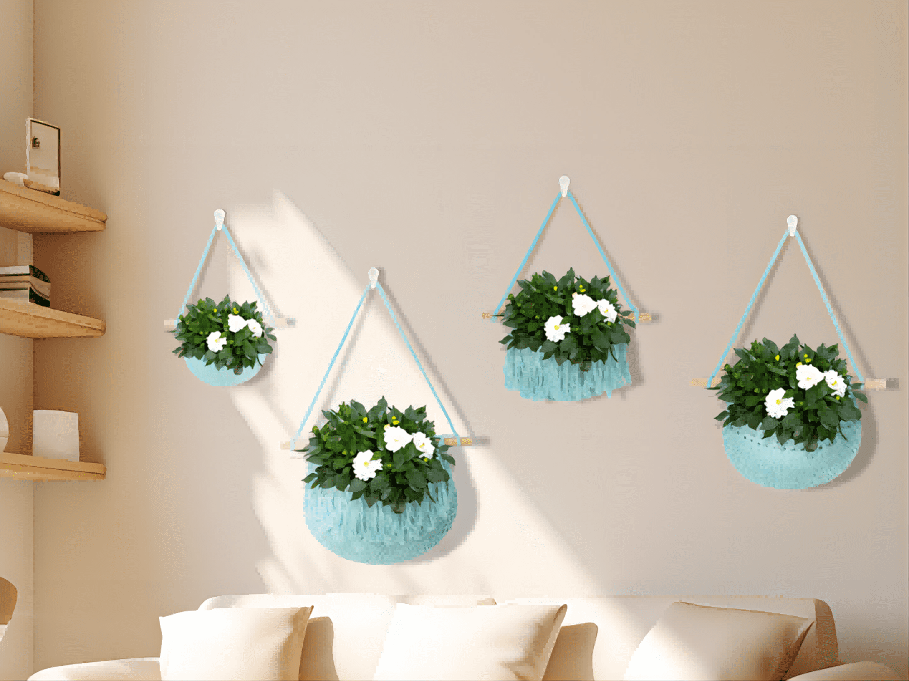 4 Tier Hanging Fruit Basket, Aqua Boho Handwoven Cotton Rope Macrame Fruit Storage for Kitchen Bathroom Bedroom, Detachable Wall Hanging Basket Over Door Organizer for Fruit Veggie Plant Decor