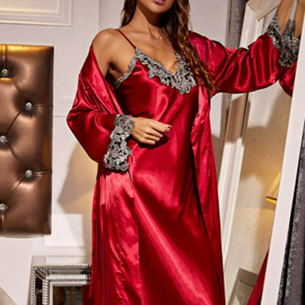 HOT Pijama De Seda Vestido Pijama De Saten Mujer Conjunto De