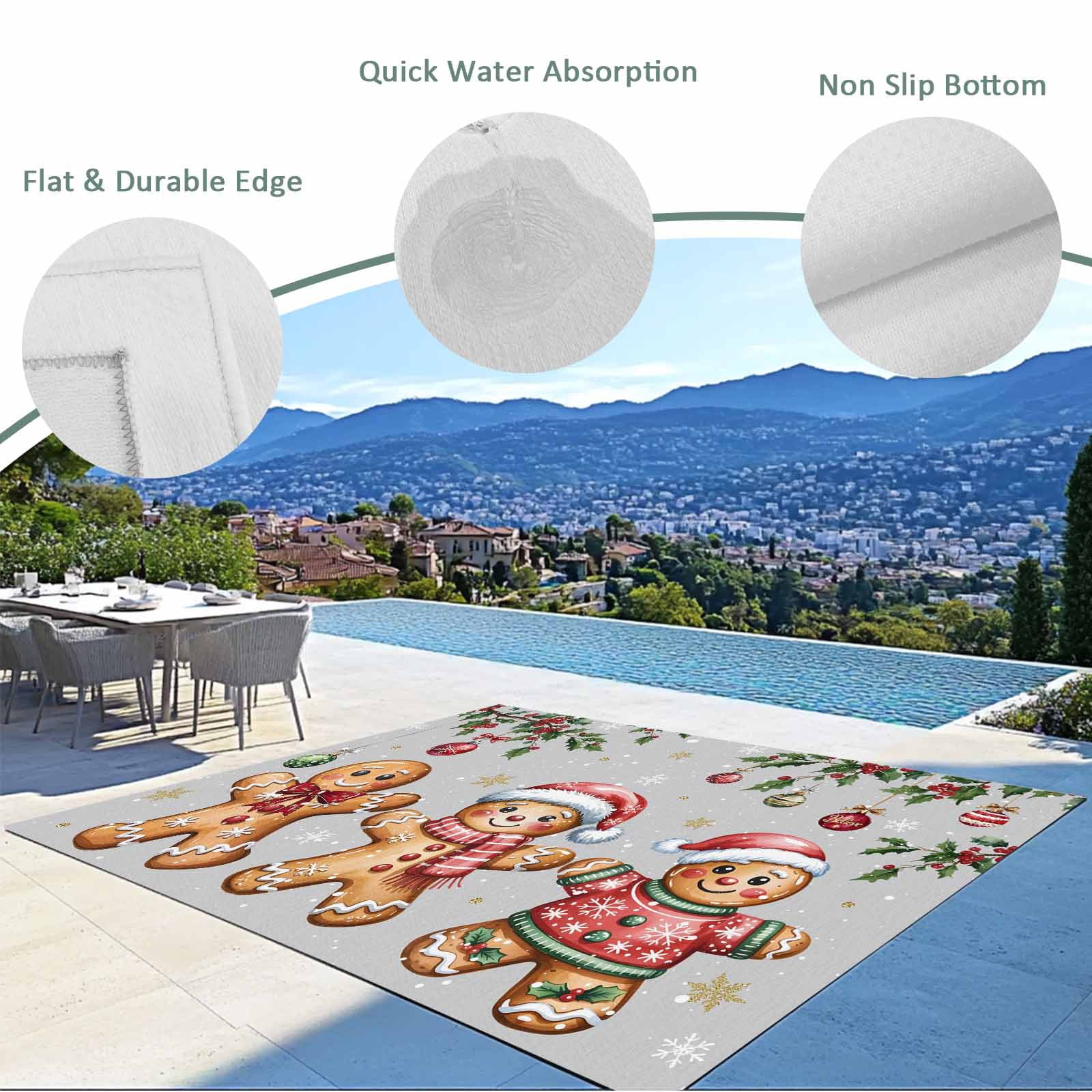 Fsddascl Grey Christmas Gingerbread Outdoor Rug for Patio/Deck/Porch, Non-Slip Large Area Rug 4 x 6 Ft, Xmas Balls Snowflake Indoor Outdoor Rugs Washable Area Rugs, Camping Rug Carpet Runner
