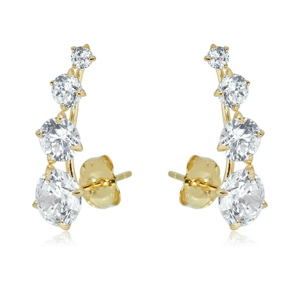 AVORA 10K Yellow Gold Ear Crawler / Climber Simulated Diamond CZ Earrings
