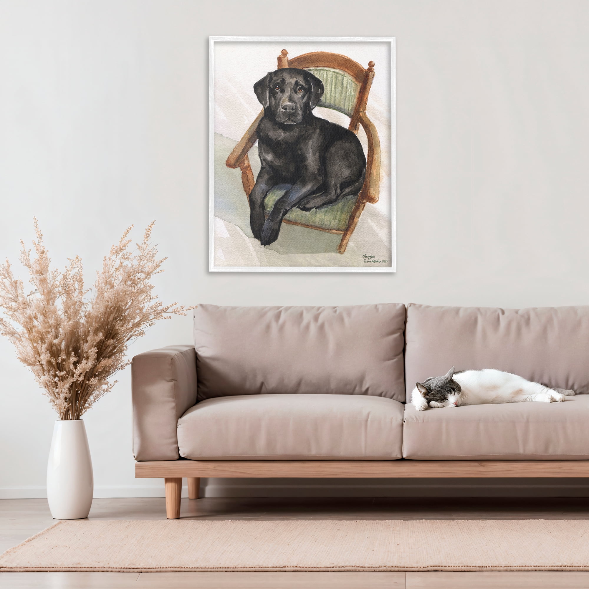 Stupell Industries Black Labrador On Chair White Framed Giclee Art, design by George Dyachenko