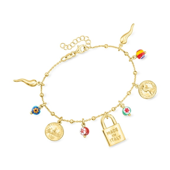 Ross-Simons Italian 18kt Gold Over Sterling Charm Bracelet With Multicolored Murano Glass Beads, Women's, Adult