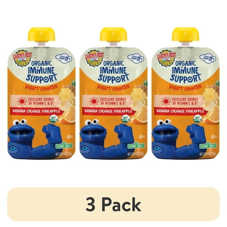 (3 pack) Earth's Best Organic Immune Support Toddler Food, Banana Orange Pineapple Smoothie, 4 oz Pouch