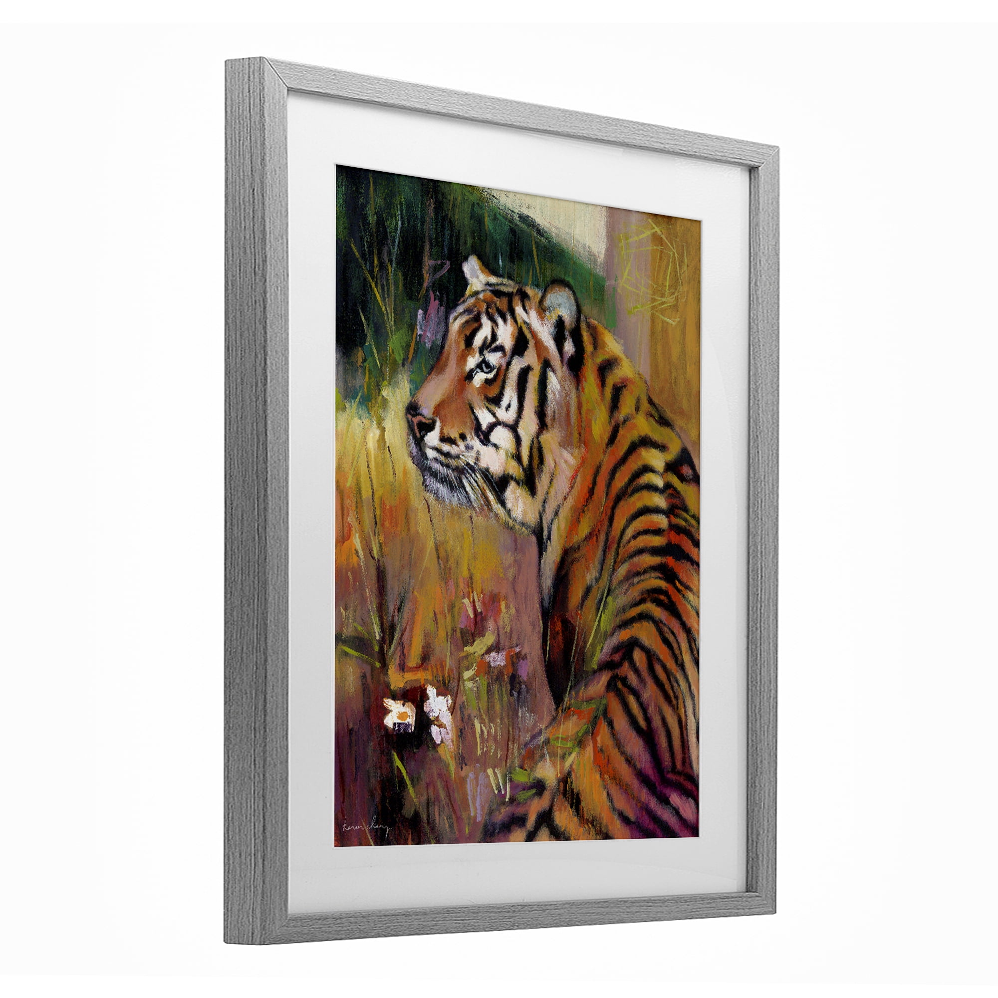 Stupell Industries Patience Tiger in Wait Gray Framed Print Under Glass, design by Karen Chang