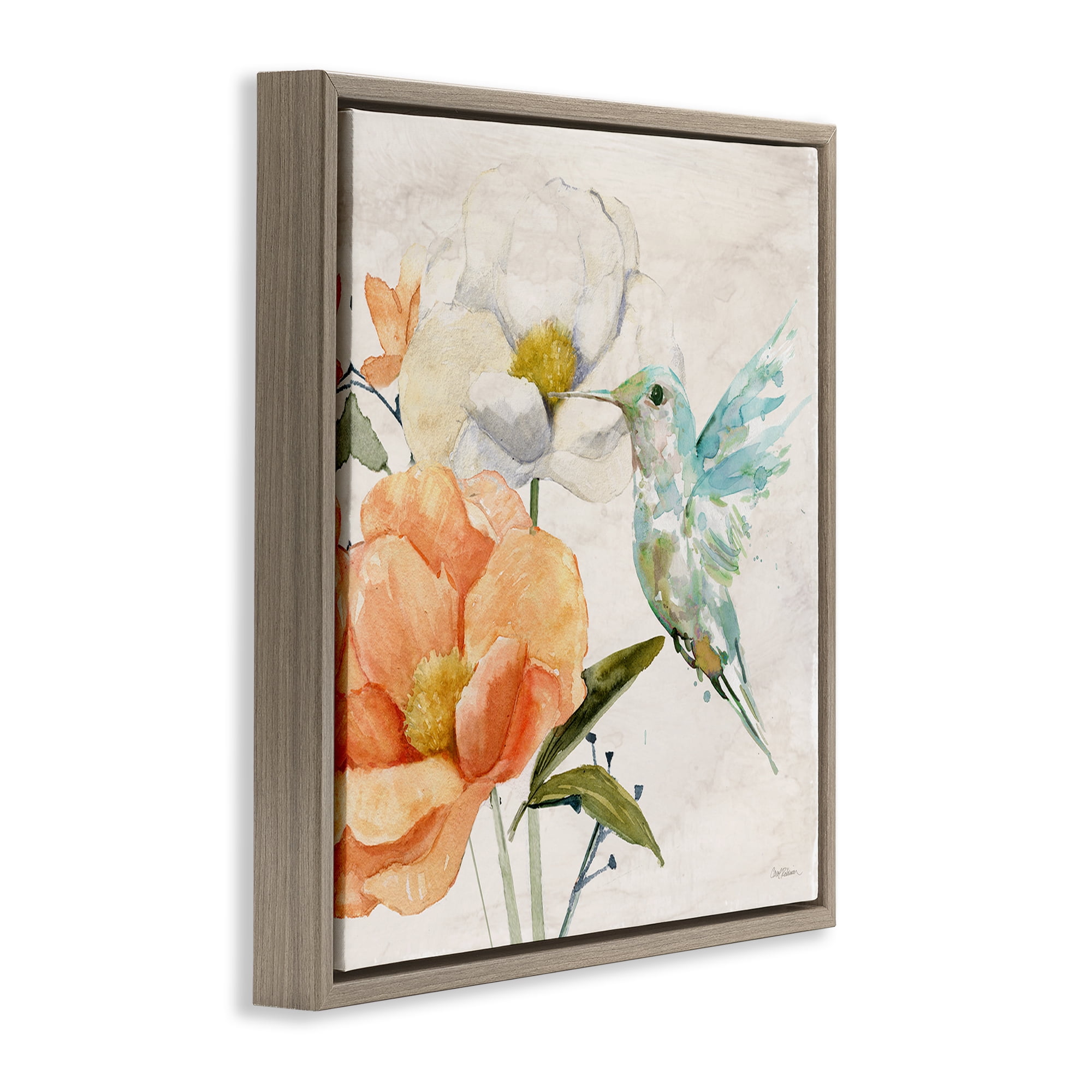 Stupell Industries Hummingbird & Flower Nectar Plants & Flowers Painting Brown Floater Framed Canvas Art Print Wall Art, 25 x 25