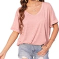 thumbnail image 4 of Summer Rolled Short Sleeve Women V-neck Solid Color Casual Loose T-shirt Tops, 4 of 7