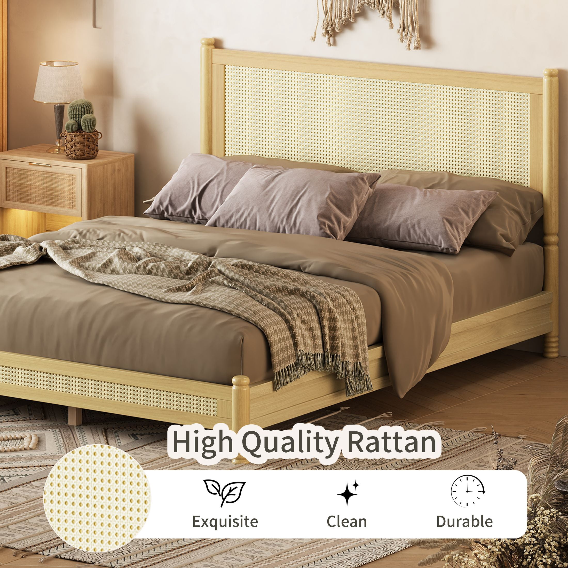 GDF Studio Annes Queen Size Boho Rattan Platform Bed Frame with Turned Legs, Woven Cane Pine Wood Bed Frame, Natural