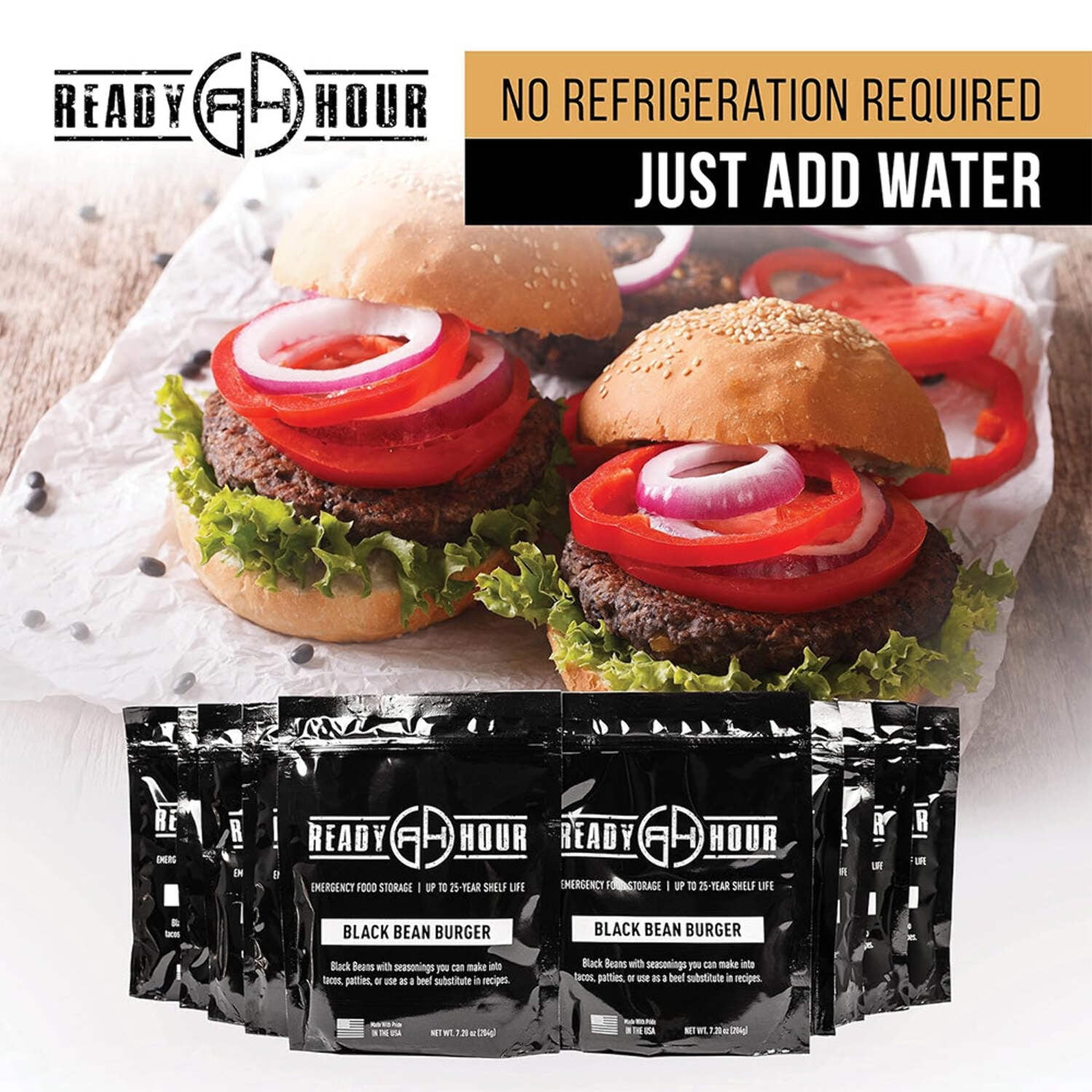 Black Bean Burger Mix, Real Non-Perishable Recipe, 25-Year Shelf Life, Emergency and Adventure Food Supply, Includes 10 Resealable Pouches, 60 Servings