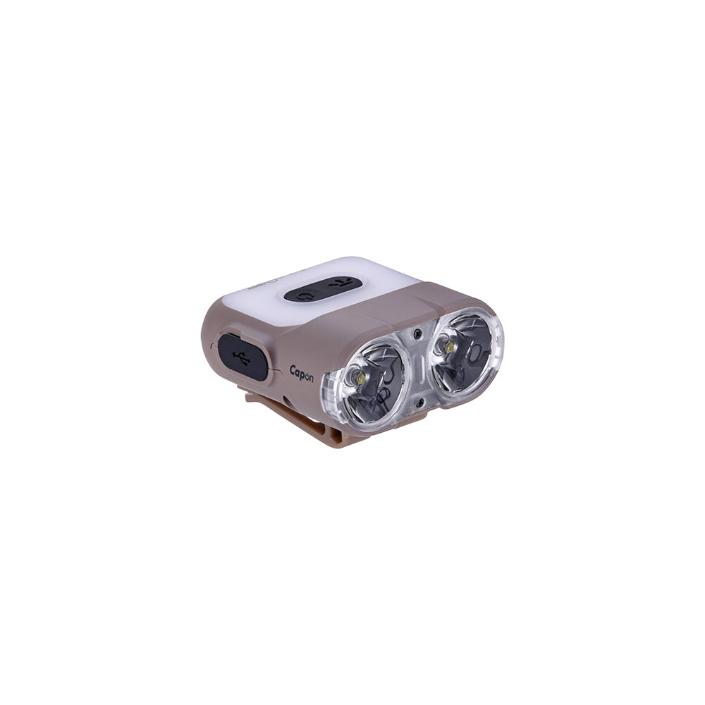 Claymore Capon 120H (Tan) - LED Rechargeable Clip-On Cap Headlamp, Lightweight Hat Light for Camping, Running, Hiking, Emergency & Industrial Use, Waterproof, USB-C, Up to 45 Hours of Battery Life.