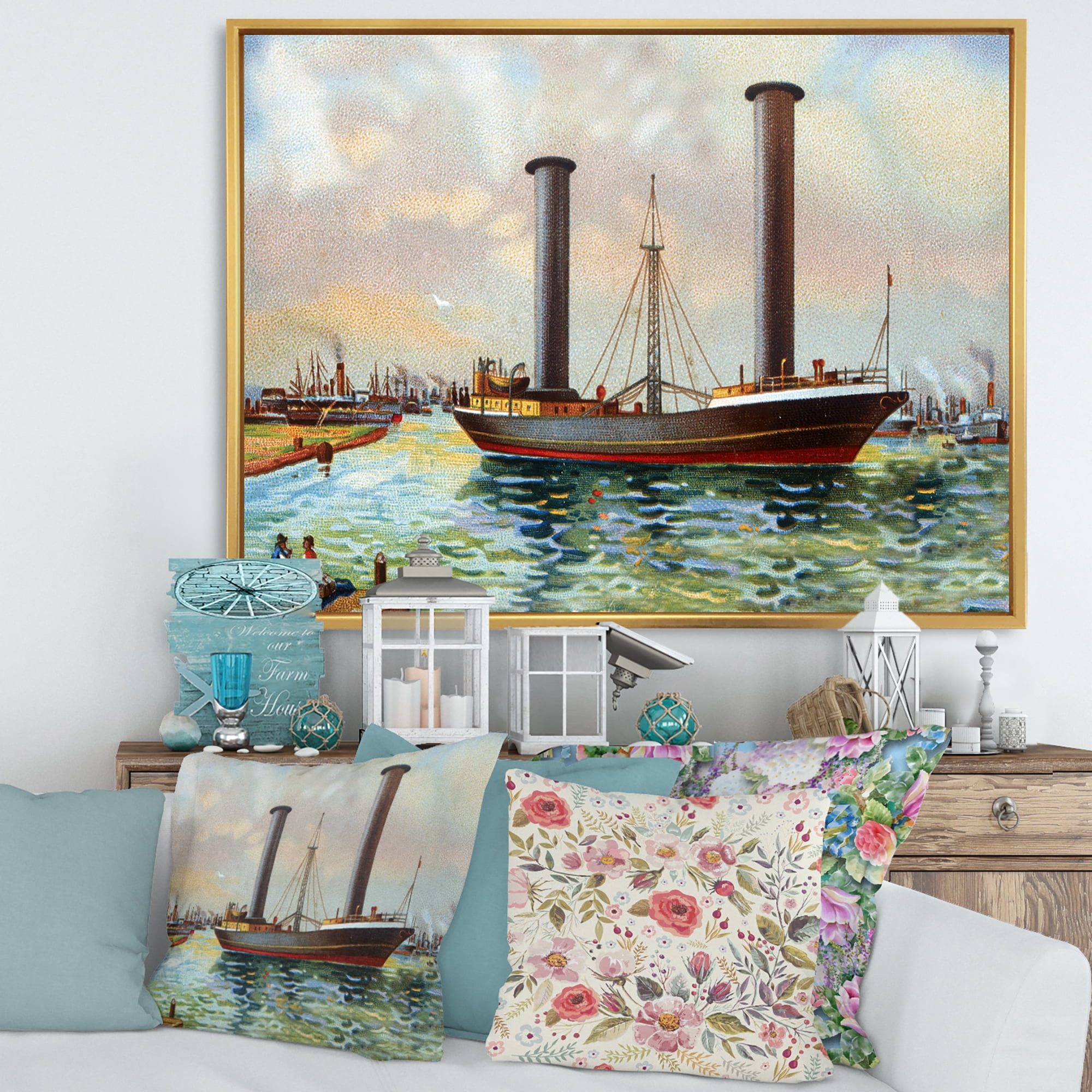 Designart 'The Ancient Boat Leaving The Harbor' Nautical & Coastal Framed Canvas Wall Art Print