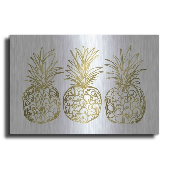 Luxe Metal Art 'Three Golden Pineapples' by Linda Woods, Metal Wall Art, 24"x16"