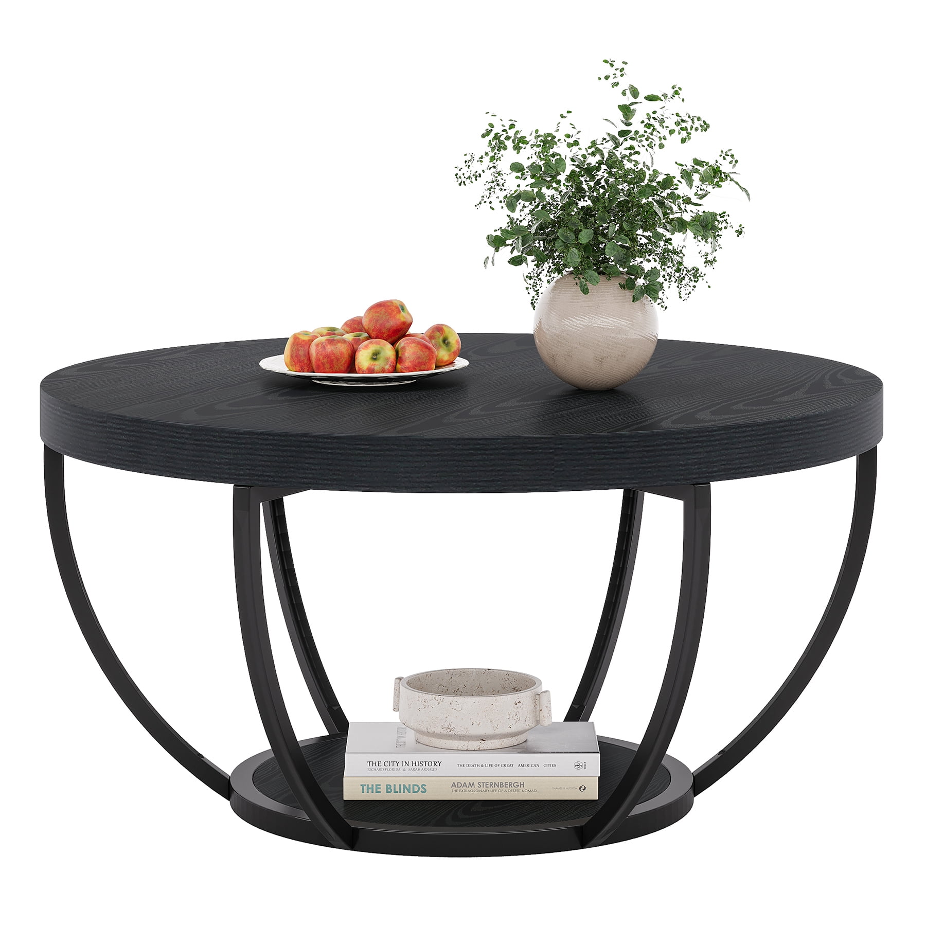 Fnova Coffee Table with 2 - Tier Storage, 32" Round Wood Coffee Table with Metal Legs, Modern Rustic Style Center Table for Living Room, Dark Black