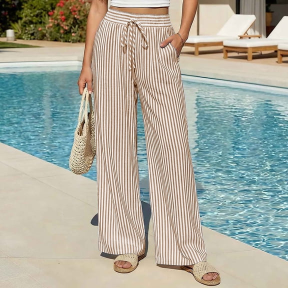 Oiangi Women's Striped Wide Leg Pants Drawstring Elastic Waist Beach Pant Casual Loose Beach Travel Trousers with Pockets Brown XL