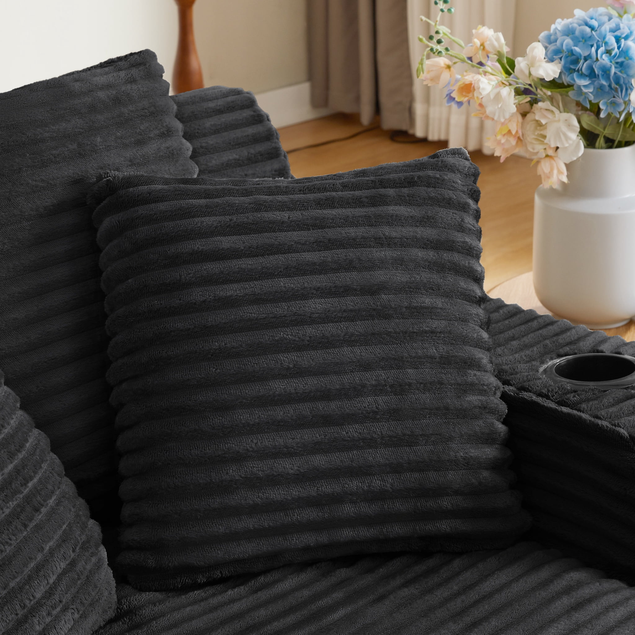 ShiKeyi 66'' Chaise Lounge Chair Indoor, Boneless Sofa Cloud, Plush Corduroy Chaise Couch with Cup Holders, Side Storage Pocket & Pillows, No Assembly Required, Black