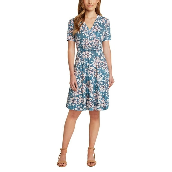 Matty M Ladies' Faux Wrap Short Sleeve Dress, Blue Slate Floral XS - NEW
