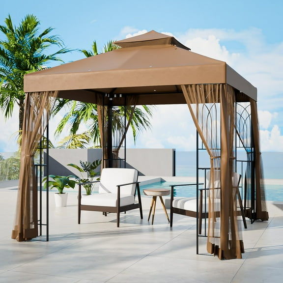 COOS BAY 8 ft. W x 8 ft. D Brown Outdoor Patio Soft Vented Top Gazebo with Zipped Netting, Corner Shelves, Ceiling Hook