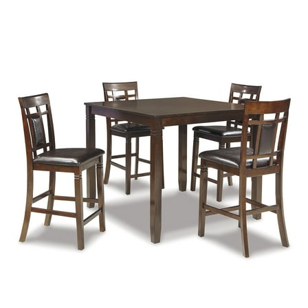 Signature Design by Ashley Bennox 5-Piece Counter Height Dining Set - Brown Wood Table with 4 Faux Leather Bar Stools