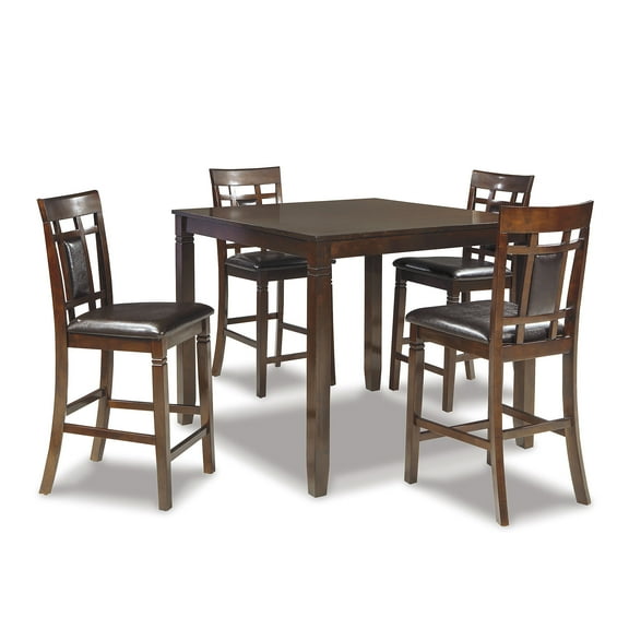 Signature Design by Ashley Bennox 5-Piece Counter Height Dining Set - Brown Wood Table with 4 Faux Leather Bar Stools
