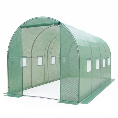 Costway 15 x 7 x 7 ft Walk-in Tunnel Greenhouse with Galvanized Steel Frame, PE Cover Green