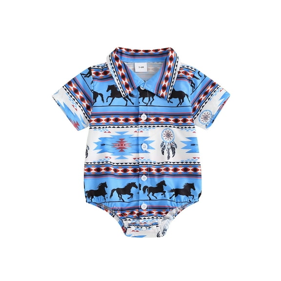 JYYYBF Baby Boy Romper, Short Sleeve Button-down Horse Boots Print Summer Bodysuit Clothes for Casual Daily
