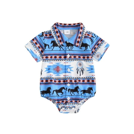 

Douhoow Western Baby Boy Jumpsuits Summer Farm Cowboy Romper Shirt Infant Gentleman Short Sleeve Button Down Horse Boots Print Bodysuit
