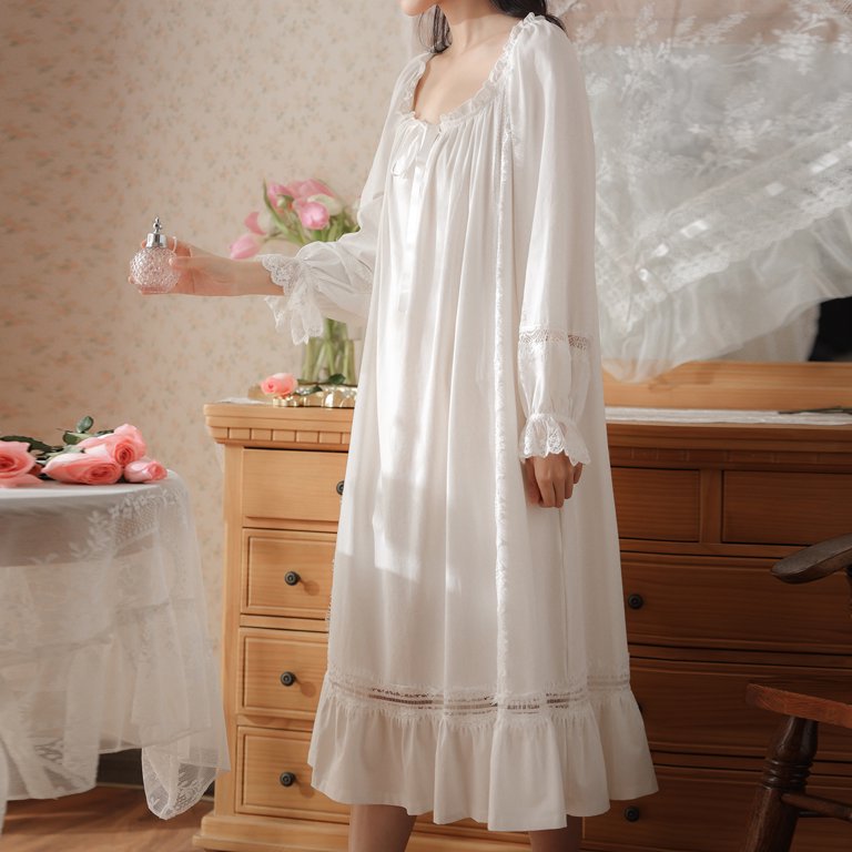 Women's Victorian Cotton Pajama Set - Floral Lace V-Neck Long Sleeve Sleepwear, White