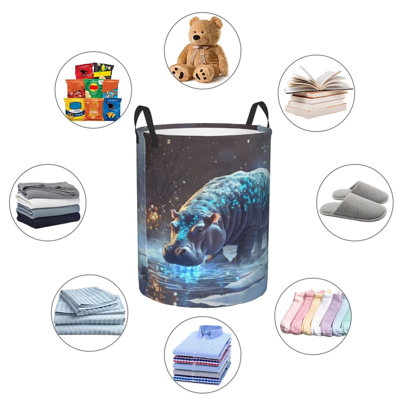 Large Laundry Basket with Handles - Ice blue polka dot snow hippo Kids Baby Dirty Clothes Laundry Hamper for Bedroom Aesthetic
