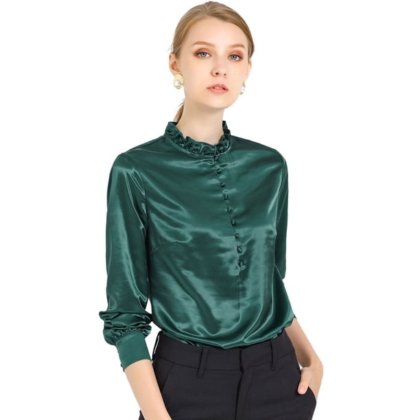 Allegra K Blusa Casual Volante Fruncido Botones Delanteros Manga Larga Camisa De Trabajo Para Mujer Verde Oscuro XL Unique Bargains Blusa